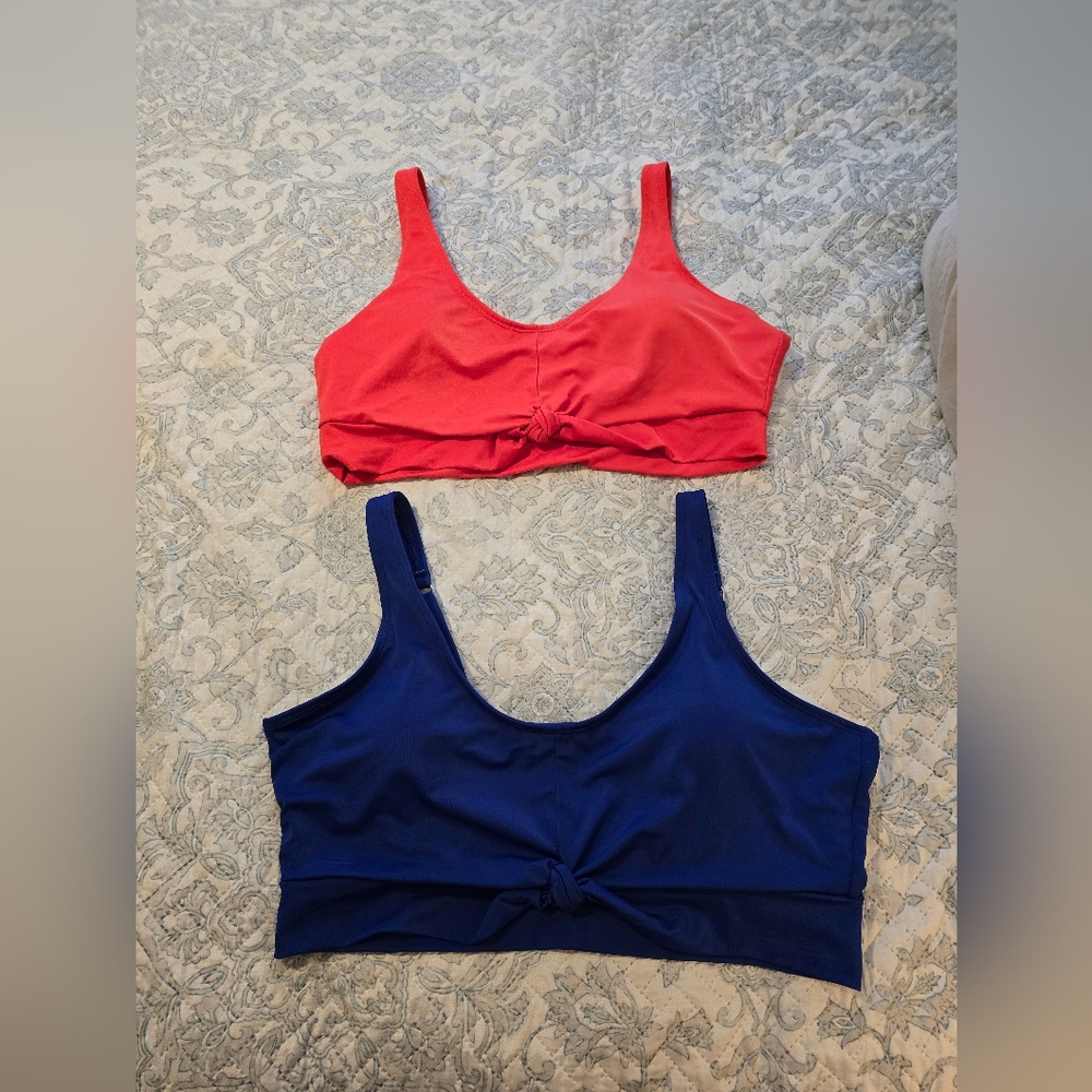 Outdoor Oasis XL (2) Orange & Navy Tie-front Bikini Tops